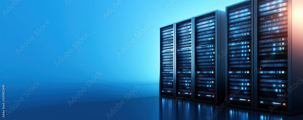 Poster a sleek, modern server room with rows of illuminated servers against a blue backdrop, emphasizing te