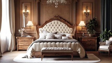 Spacious bedroom, elegant tufted upholstery on bed, tasteful wooden elements in furniture, layered textiles adding comfort, soft lighting for depth, corner 3D render.  