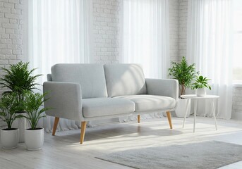 Minimalist living room with a modern gray sofa, white brick walls, and lush green plants in white pots. Sunlight streams through sheer curtains, creating a bright, cozy, and elegant interior space.
