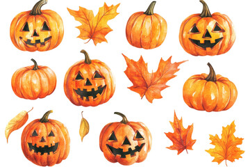 A watercolor painting of pumpkins and leaves isolated on transparent background