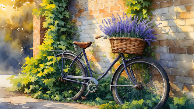 A charming watercolor-style image of an old vintage bicycle with a wicker basket filled with fresh lavender, leaning against a weathered brick wall. Ivy creeps up the sides of the wall, - Powered by Adobe