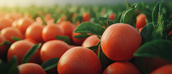 Fresh oranges in vibrant orchard, showcasing lush green leaves and ripe fruit, evoke sense of abundance and nature beauty