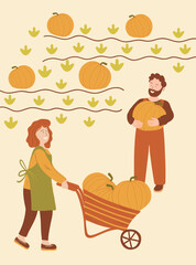 Farmers Teamwork with Pumpkins Vector Poster