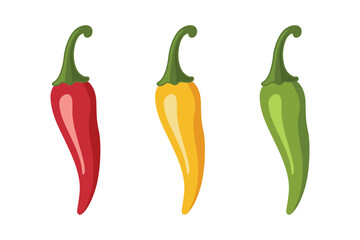 Chili Peppers Vector Set, Isolated. Red, Yellow, Green Hot Peppers, Spicy Food Ingredients, Mexican Cuisine, Fresh Organic Vegetables. Vector Illustration for Food Design