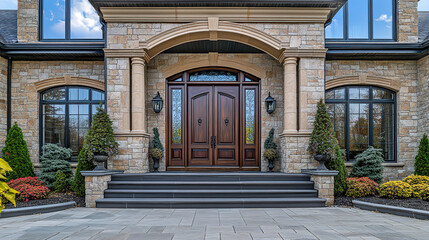 Obraz premium Luxurious House Entrance with Serene Outdoor Landscape and Soft Natural Light, Elegant and Peaceful Atmosphere