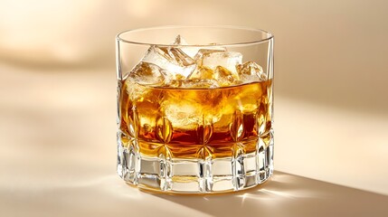 Crystal Whiskey Glass with Ice Cubes on Beige Background