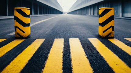 Empty road with yellow and black striped bollards and crosswalk.