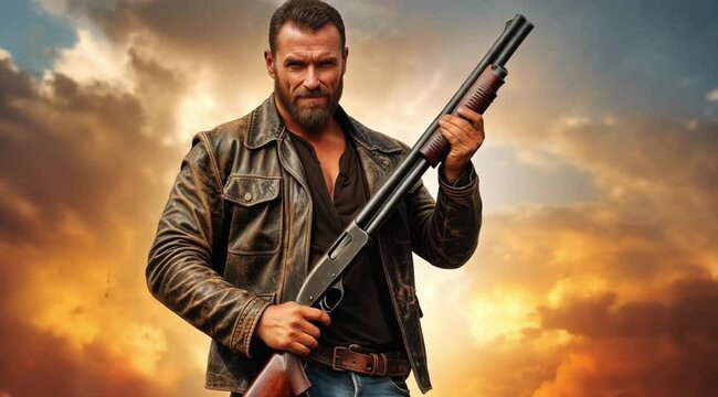 Fearless Man Stands Boldly, Shotgun Ready for Action