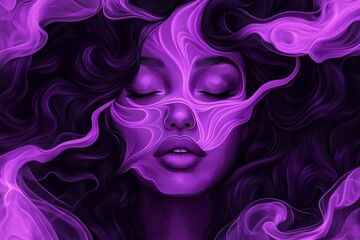 A dreamy, fantasy-style portrait of a woman with purple energy waves, closed eyes, and smoke, set against a space background.