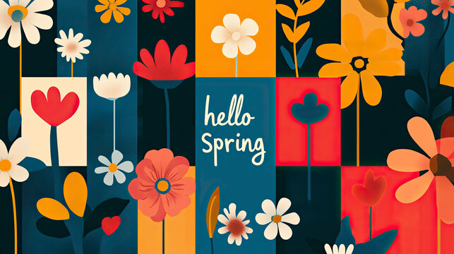 Hello spring celebrating the first day of spring with flowers and greenery