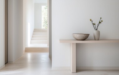 Light beige interior with wooden console table, textured bowl and vase with branches. Brightly lit hallway leads to stairs with speckled flooring