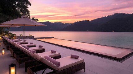Obraz premium A serene outdoor lounge area by the water, featuring elegant seating and umbrellas, under a vibrant sunset sky.