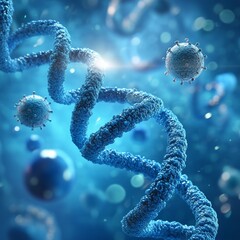 Hyper-realistic 3D rendering of intertwined DNA strands, surrounded by cells and spheres, vibrant colors.