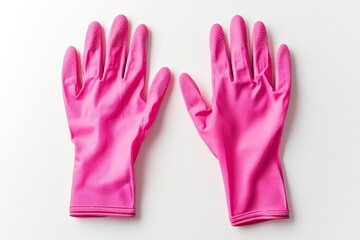 Obraz premium Pair of Pink Cleaning Gloves Isolated on White Surface Top View