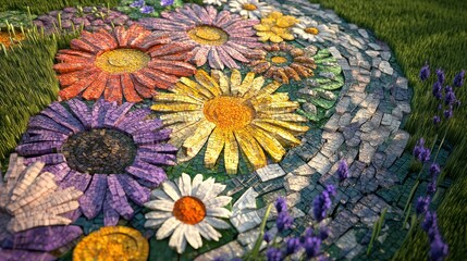 Intricate floral mosaic design in a grassy field showcasing vibrant colors and detailed craftsmanship