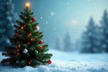 Obraz premium Dark green Christmas tree with twinkling lights and ornaments against a snowy background, festive, illuminated