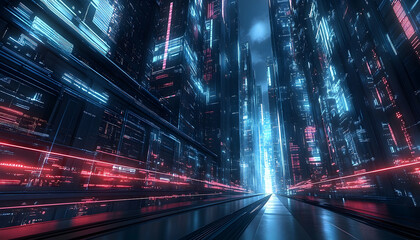 Futuristic cityscape with glowing neon lights and towering skyscrapers, depicting a vibrant digital world