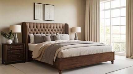 Fototapeta premium Stylish modern bedroom, upholstered bed with subtle textures, rich wood furniture, neutral palette, detailed lighting capturing vivid realism, wide-angle front view, 3D render. 