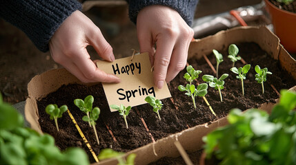 Hello spring first day of spring celebration with flowers and greenery nature