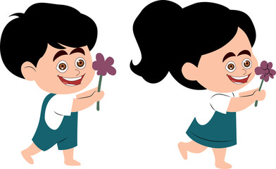 happy boy and girl holding flowers to give to mother and teacher