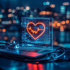 A heart-shaped hologram, stethoscope, and digital health icon against a hospital office background at night.