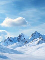 Fototapeta premium a serene winter landscape featuring a snow - covered mountain range under a clear blue sky with a single white cloud