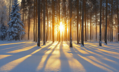 the snow-covered forest at sunrise with tall trees and the rays of sunligh