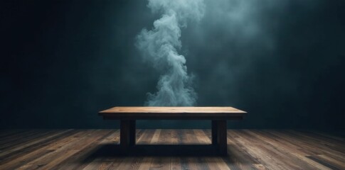 Darkened room with a solitary wooden table at its center, smoke drifting upward from an unseen source, wooden table, interior