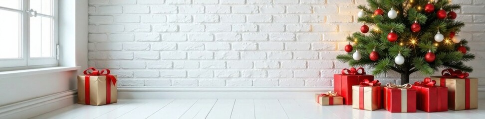 Obraz premium Decorated Christmas tree with gift boxes on white brick wall, gift boxes, winter wonderland