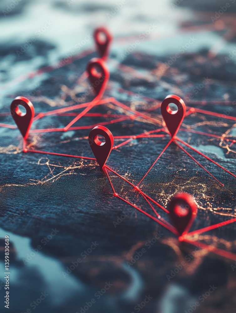 Poster world map with red location pins connected by lines, representing global connections.