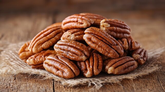 Shelled pecans on burlap, wood background, food photography