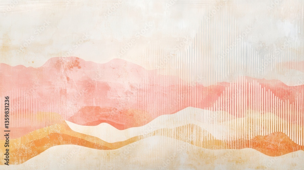 Leinwandbilder Abstract pastel design with amber and coral dashed lines creating a serene landscape effect