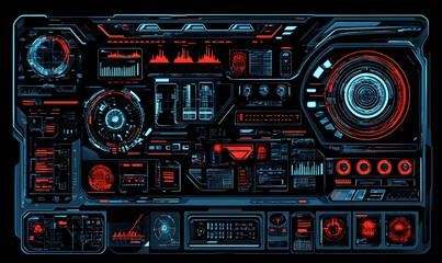Futuristic control panel interface with glowing elements and visual data displays in a sci-fi setting