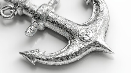 Obraz premium Silver anchor close-up, textured surface, white background, nautical theme, design element