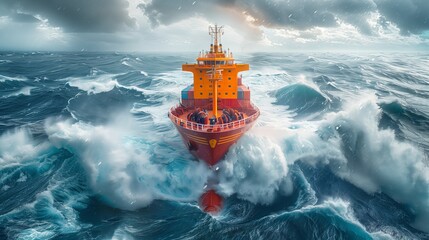 Obraz premium Aerial drone ultra wide panoramic photo of huge container tanker ship carrying truck size colourful containers in open ocean deep blue sea at sunset