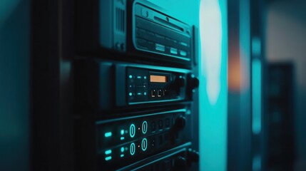 Fototapeta premium Stack of Black Audio Equipment in Blue Light