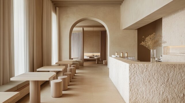 Serene interior featuring a minimalist restaurant with natural tones and textures