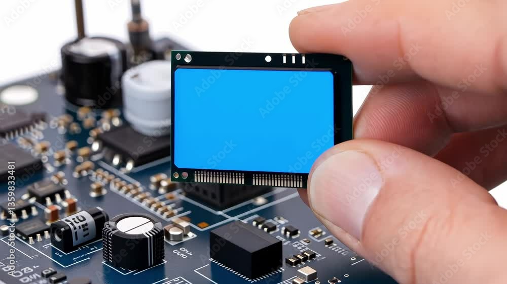 Poster hand holds microchip above circuit board, showcasing integration of technology and innovation in ele