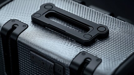 Obraz premium Silver suitcase handle, close-up, dark background, travel