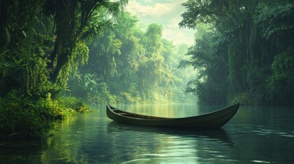 Serene waterway journey through emerald rainforest scenery with boat