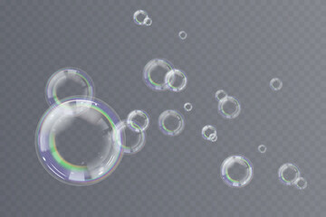 Vector soap bubbles hover gracefully, blending pastel tones naturally. Transparent backdrop reveals clarity, emphasizing vivid bubble reflections. Delicate bubble surfaces glow with realistic rainbow 