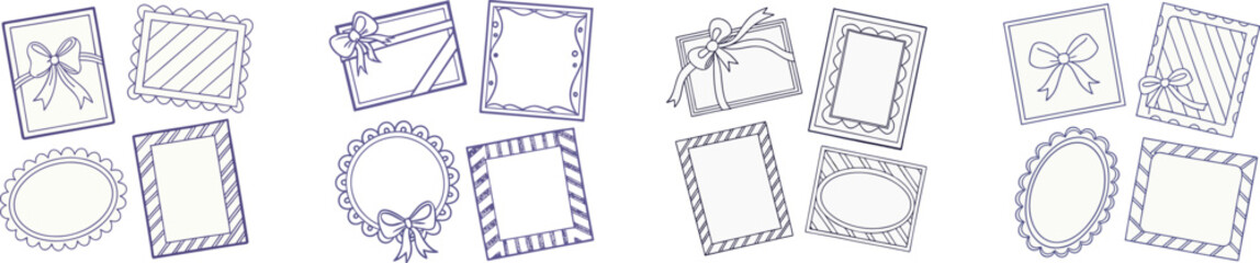 Four different decorative frames,  simple,  thin,  lavender-blue lines,  various shapes:  a rectangle with a ribbon bow, a wavy rectangle, a wavy oval, and a rectangle with striped border. 
