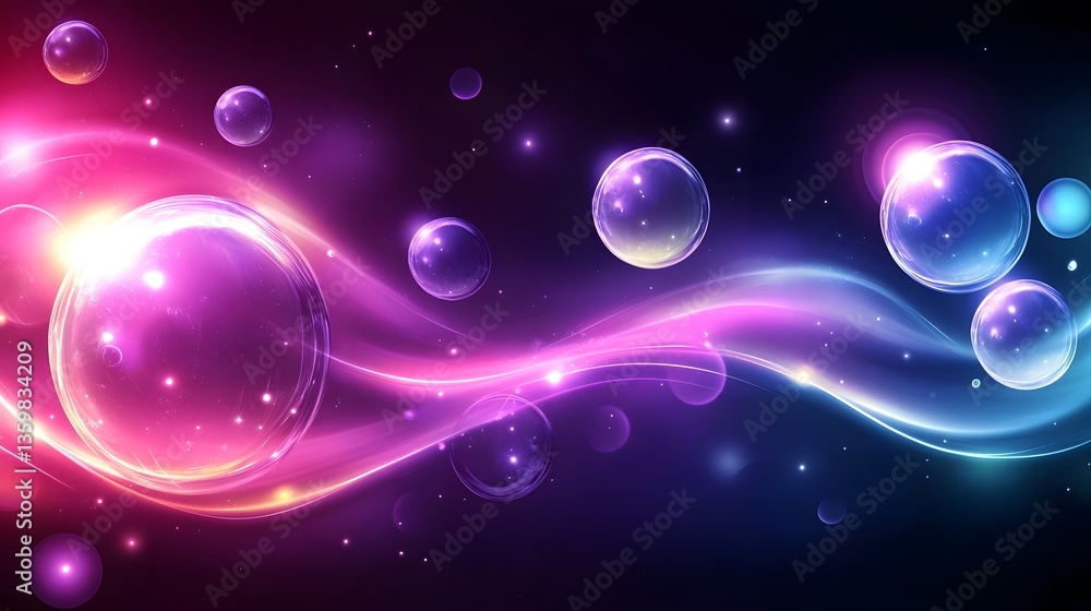 Poster abstract artwork of floating spheres with glowing lines and bright colors