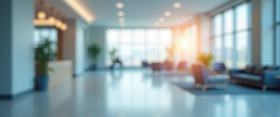abstract blur modern interior of office building entrance with blue background and orange light effect concept