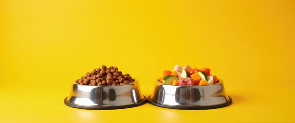 Two bowls filled with dog food, one processed and one natural. Comparison of various diet types. The transition process from one system to another. Yellow backdrop, with copy space.