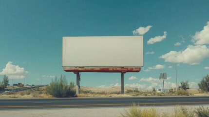 Empty billboard stands in a deserted landscape under a blue sky, with distant mountains and sparse vegetation