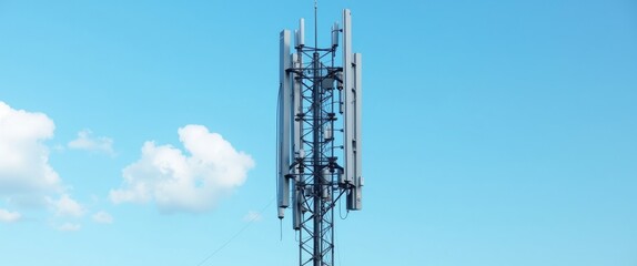 A high communication tower with numerous antennas set against a bright blue sky.