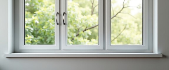 Fototapeta premium White window frame featuring modern profiles in bedroom. Natural light in living room. Interior design adhering to functional trends for a comfortable home.