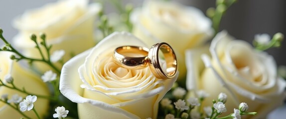 Wedding rings on a bouquet of white roses.