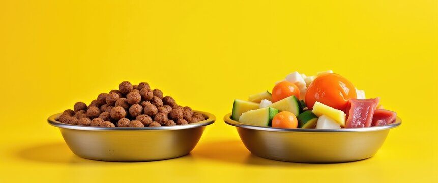 Two bowls containing dog food, one processed and the other natural. Comparing various types of diets. The transition from one system to another. Yellow background, with space for text.